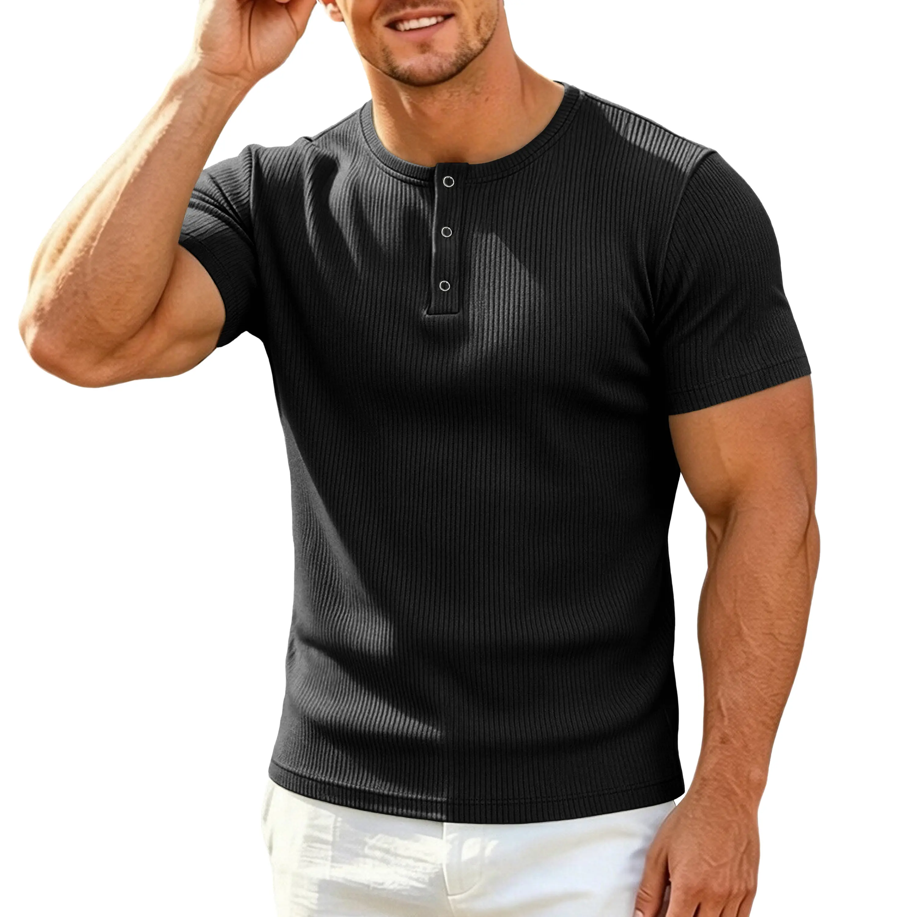LEHMANLIN Men's Muscle Henley Shirt Slim Fit Short Sleeve Casual Fashion T-Shirt Business Underwear Tshirt Menswear Streetwear Crewneck Top Wetsuit Round Neck