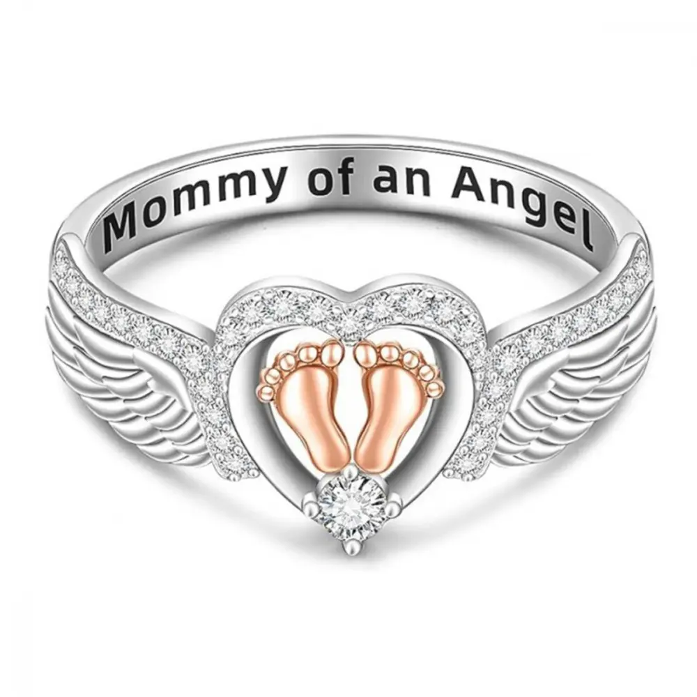 Angel Mom Retro Inspired Heart and Footprint RingSilver Plated with Cubic Zirconia,Perfect Mother'sDay Gift, Comes with Elegant Box
