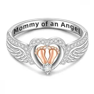 Angel Mom Retro Inspired Heart and Footprint RingSilver Plated with Cubic Zirconia,Perfect Mother'sDay Gift, Comes with Elegant Box