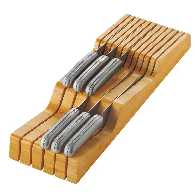 Bambüsi Natural Bamboo Drawer Knife Organizer – In-Drawer Knife Block Holds Up to 16 Knives, Non-Slip & Water-Resistant Compact Kitchen Utensil Organizer