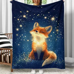 1pc Fox Under the Stars Lightweight Flannel Throw Blanket - Polyester Fleece Blanket for Sofa, Bed, Travel, Camping, Living Room, Office, Couch, Chair, and Bed - Digital Printing, No Electricity or Feathers Required