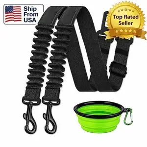 2 Heavy Duty Elastic Retractable Dog Seat belt with Foldable Bowl and Poop Roll