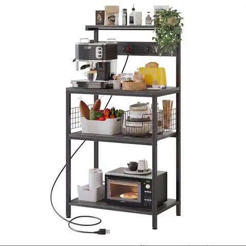 Modern Kitchen Bakers Rack with Power Outlet, 4-Tier Coffee Bar Table & Microwave Oven Stand, Adjustable Storage Shelf for Spices and Small Appliances, Space-Saving Organizer, Two Sizes  (31.5"/23.6"), Gray