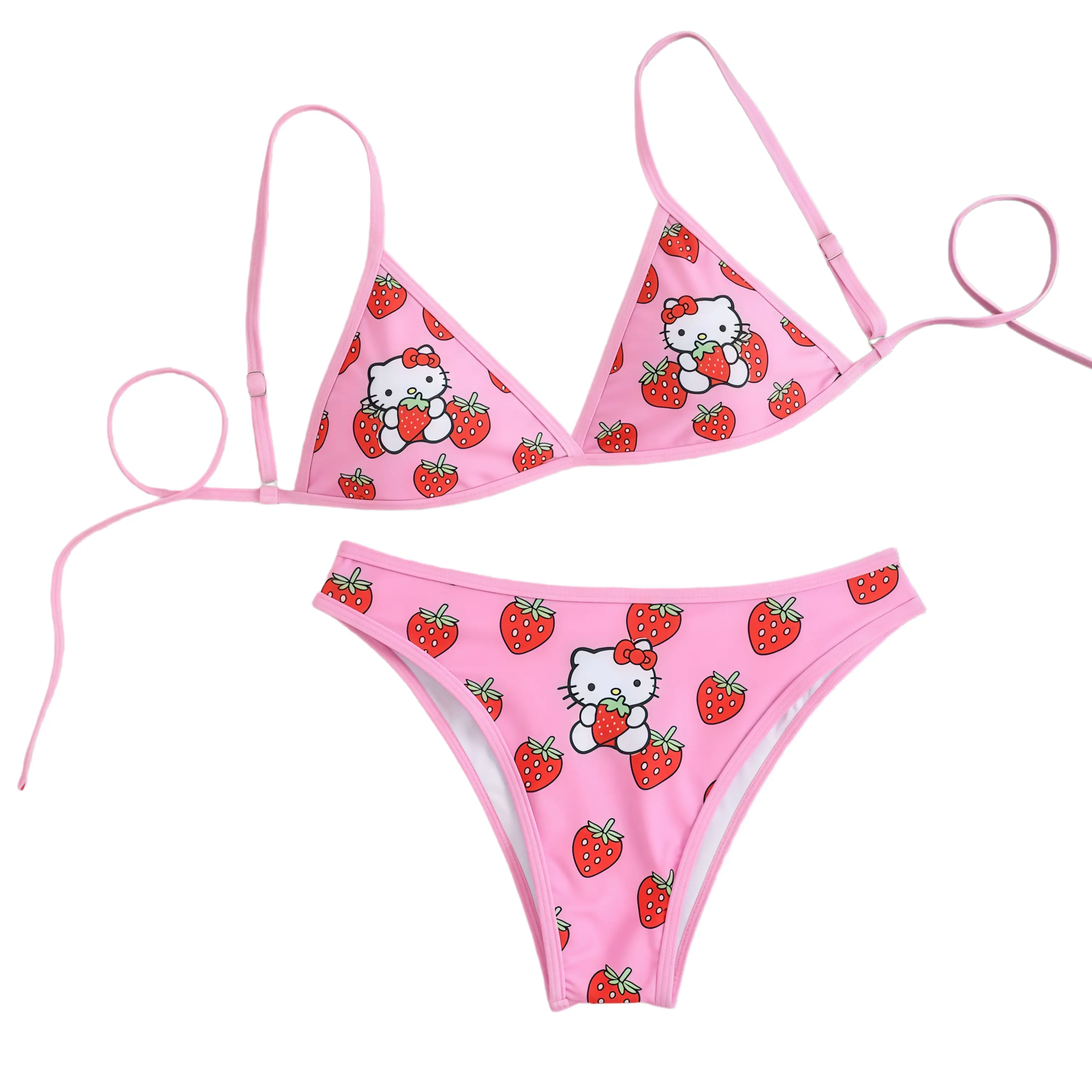 Sanrio Hello Kitty Pink Strawberry Bikini Set 2‑Piece Stretchy Swimwear Cute Beach Pool Bathing Suit for Women Girls