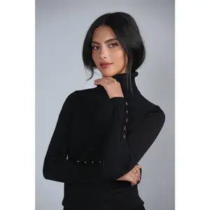 Turtleneck Top with Gold Buttons