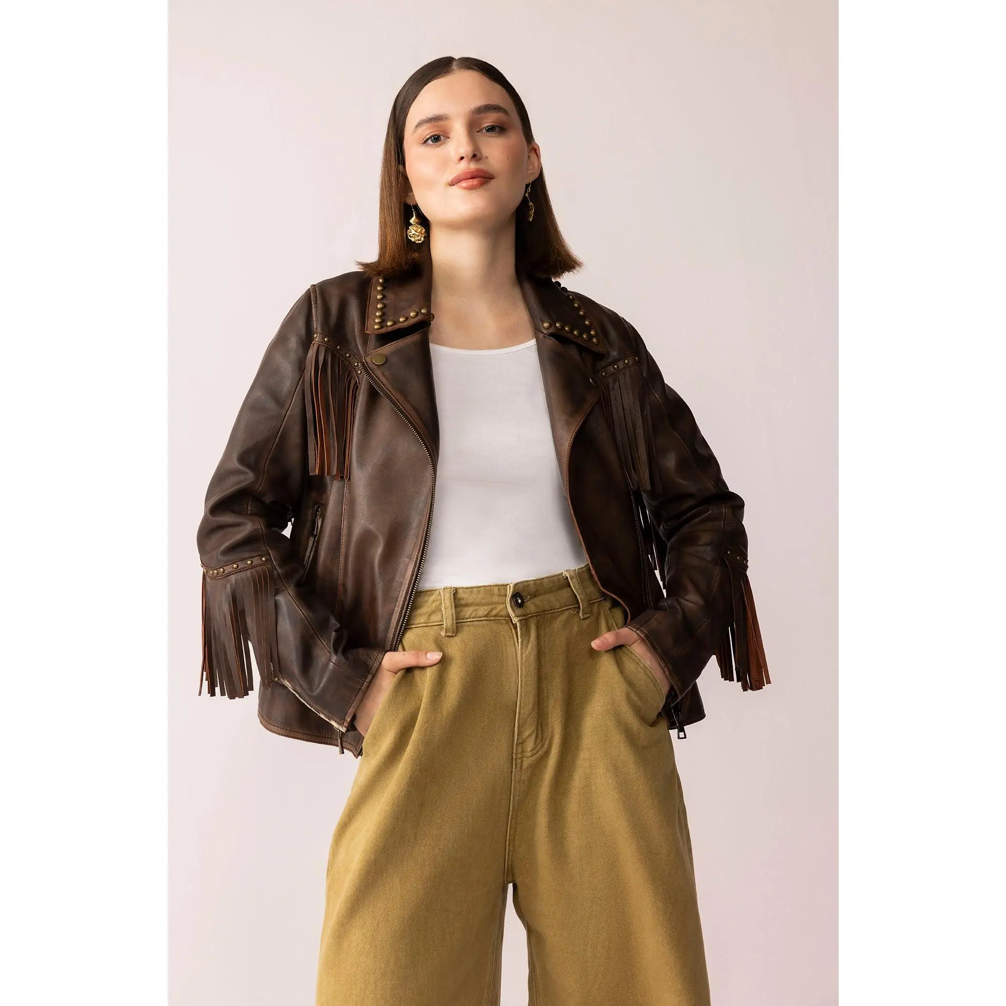 Women's Chic Western Moto Leather Jacket, Long Sleeve Statement Coat with Fringe, Asymmetrical Zip and Pockets, Western Elegance, Punchy Western Outfit