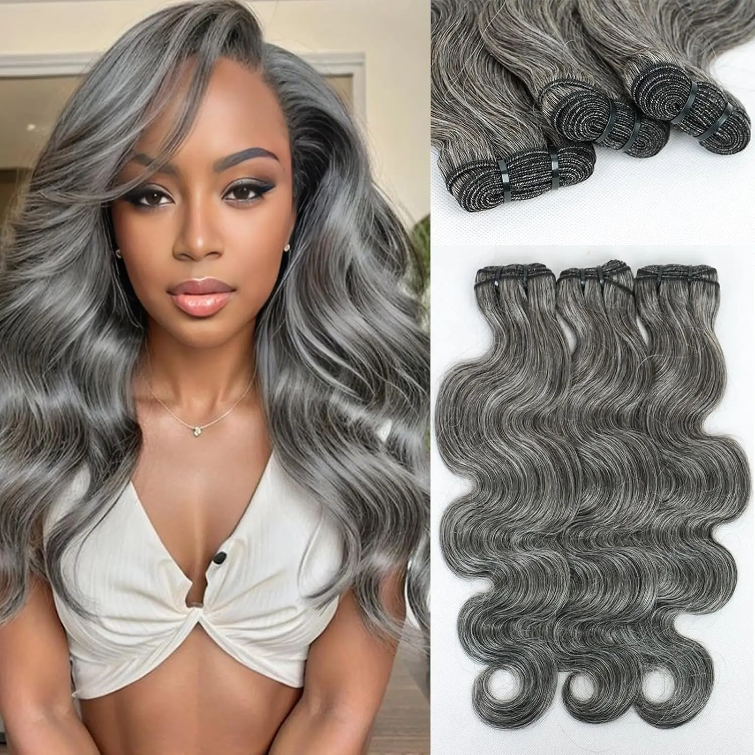 100% Human Hiar Bundles Salt-and-Pepper Grey Human Hair Body Wavy Weave - 3 Bundles Extensions with Natural Looking Hair Finish, Premium Human Hair