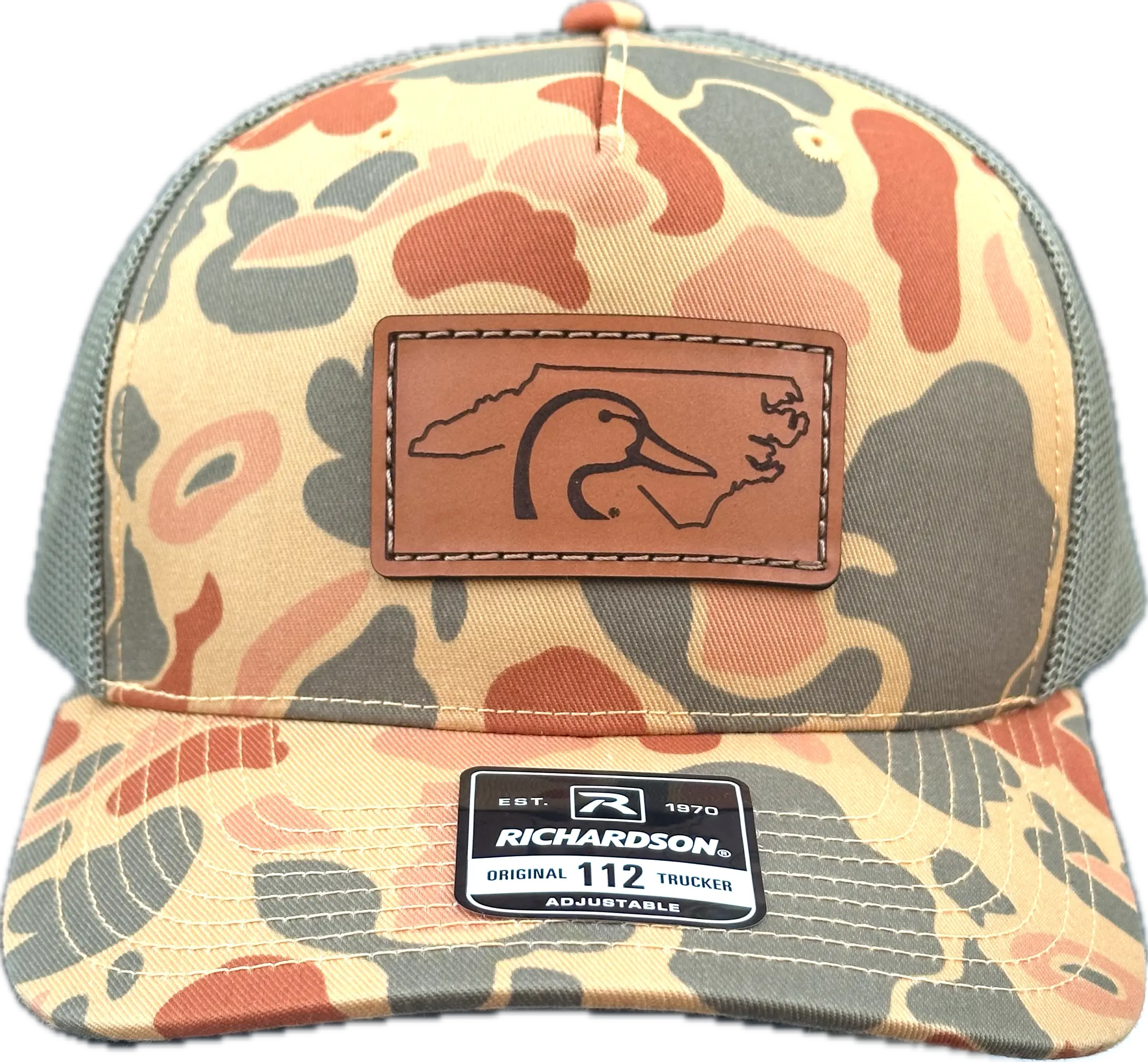 Richardson Original 112 Trucker Adjustable Hat with NC Ducks Unlimited Leather Patch - Marsh Duck Camo Loden 100% Genuine Leather