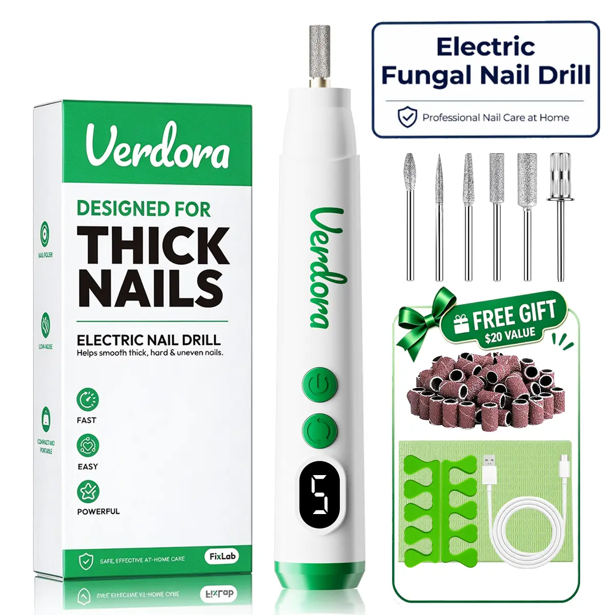 VERDORA Electric Nail Drill for Thick Nails, Cordless Efiles for Fungal Nails, Powerful Grinder with 5 Speeds, Lightweight Nail Care Tool for Nail Repair