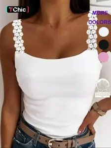 Women's Basic Contrast Lace Cami Top, Casual Solid Color Sleeveless Top for All Seasons, Ladies Clothes for Daily Wear