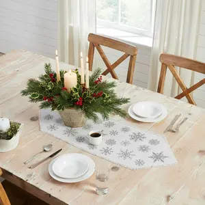 Yuletide Burlap Antique White Snowflake Table Runner