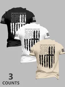 Men's Flag Series Short Sleeve Casual T-Shirt Set, Summer Fashion Outdoor Travel Print Tee, 3 Piece Pack, Fitted, H Type Silhouette
