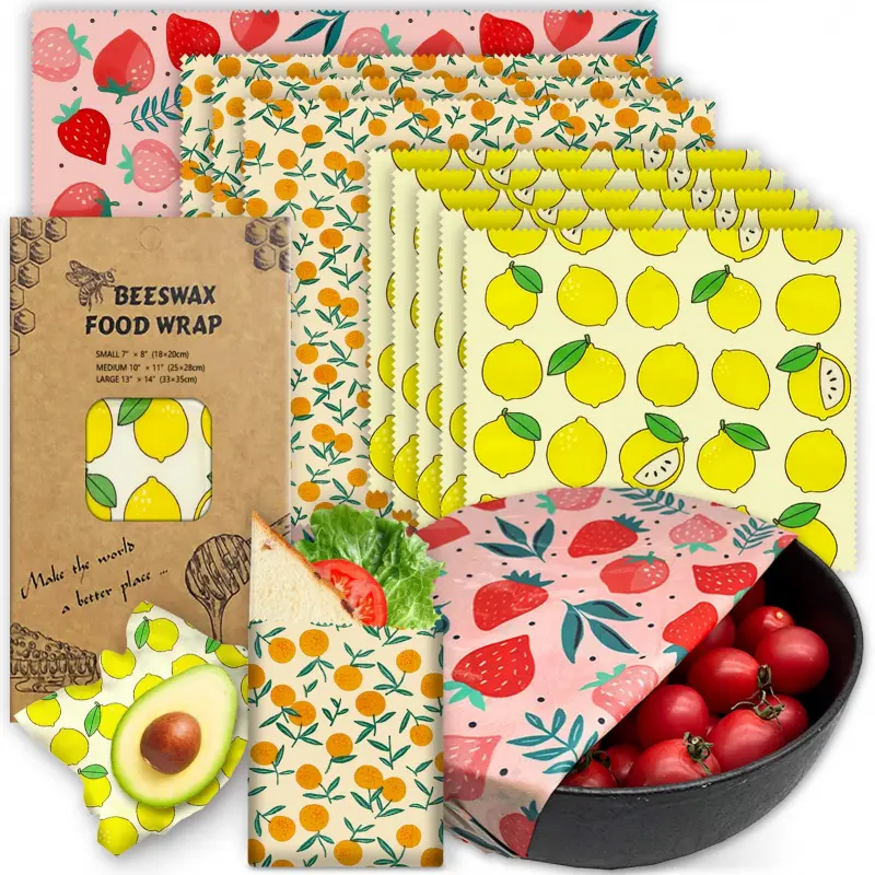 Reusable Beeswax Wrap - 9-Pack Eco-Friendly Beeswax Wrap for Food Preservation, Cute Fruit Animal Line Patterns, Includes Large, Medium, Small Sizes, Preserving Containers, Reusable Beeswax Food Wraps