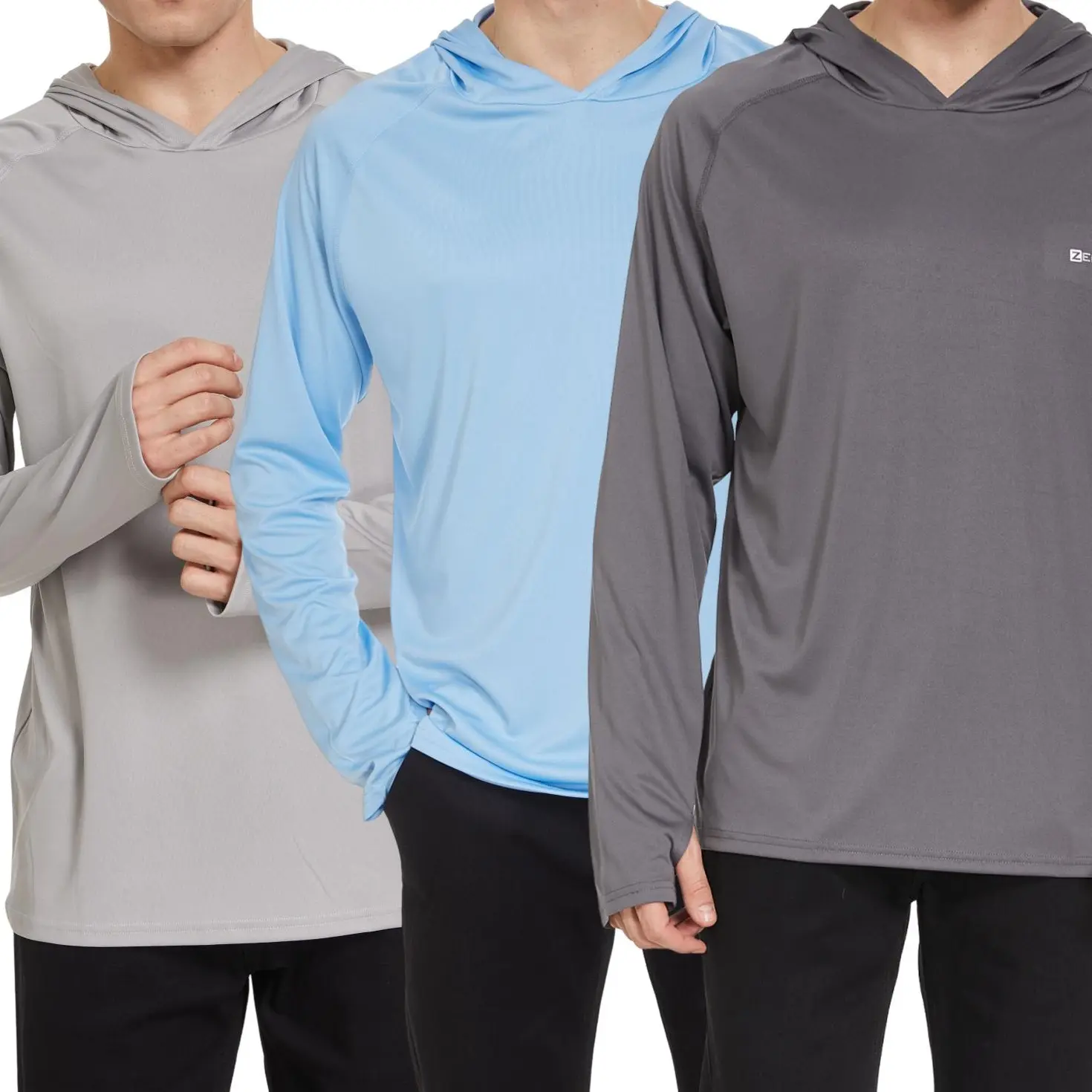 Men's 3-Piece UPF50+ UV Protection Hooded Long Sleeve Rashguard - Male-Only Moisture-Wicking Quick-Dry Activewear, Hood Blocks UV & Adds Extra Shade On The Go, 3-Pieces Covers More Outfits for Outdoor Sports, Activewear Clothing, Hood Adds Extra Shade On