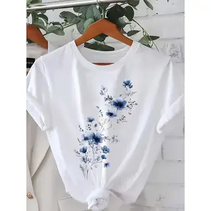 Blue Floral Print T-Shirt for Women Plus Size Trendy Short Sleeve Blouse Summer Casual Tops Comfortable Fit Womens Clothing