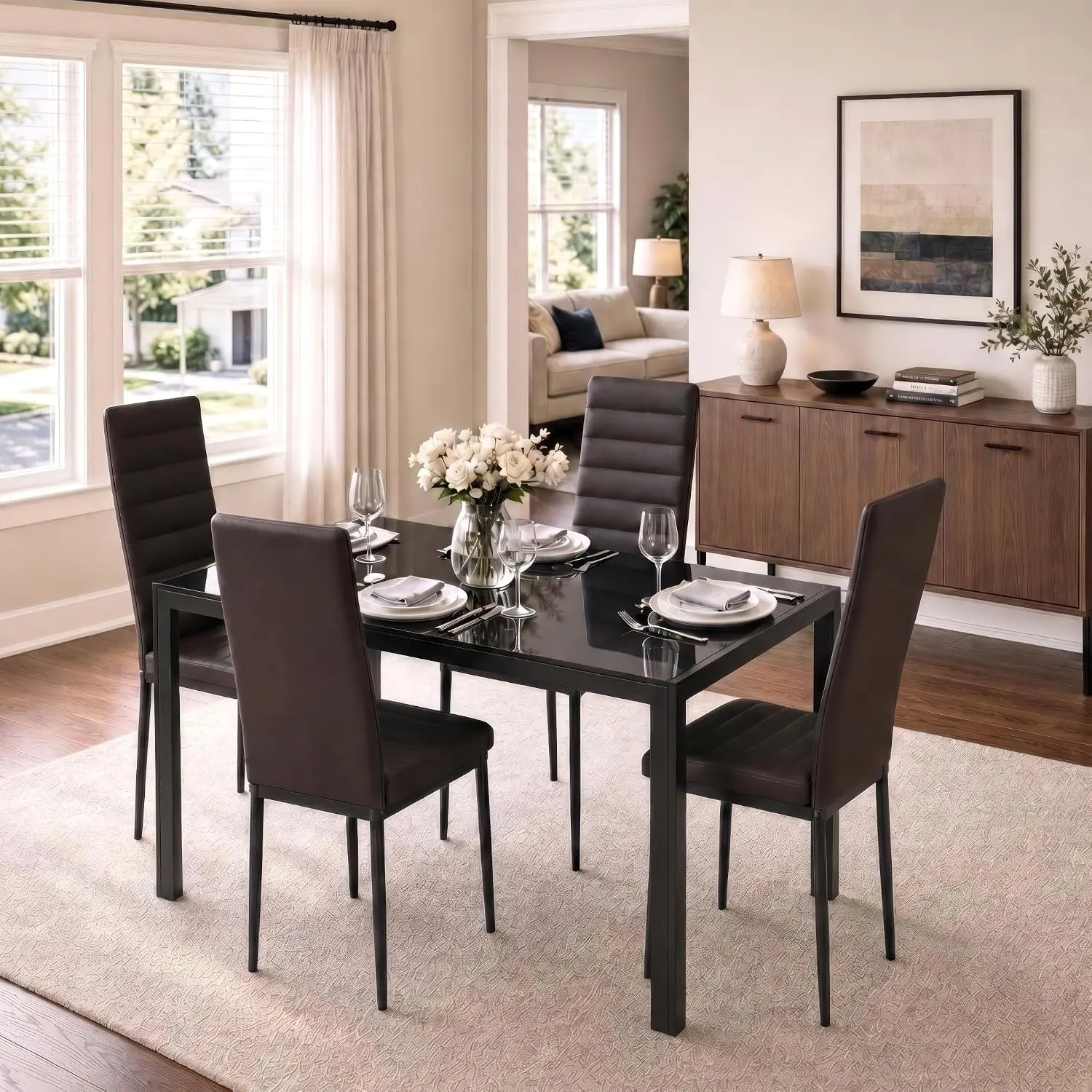 【2 Packages Shipping】Gizoon 5 Piece Glass Dining Table Set, Kitchen and Chairs for 4, PU Leather Modern Room Sets for Home, Kitchen, Living Room Furniture Apartment Furniture
