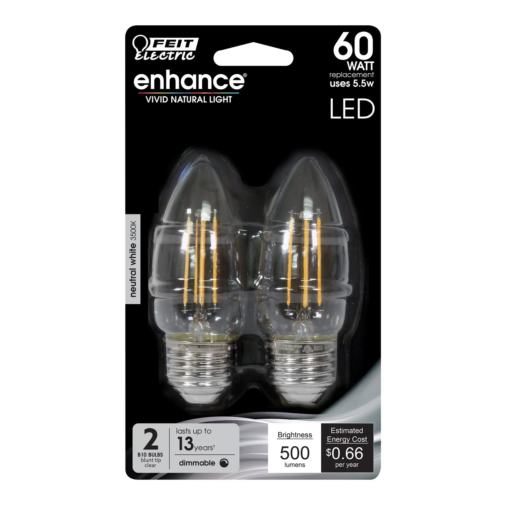 Feit Electric 60 Watt Replacement Neutral White 3500K B10 Torpedo Tip Dimmable LED Light Bulb 2 Pack
