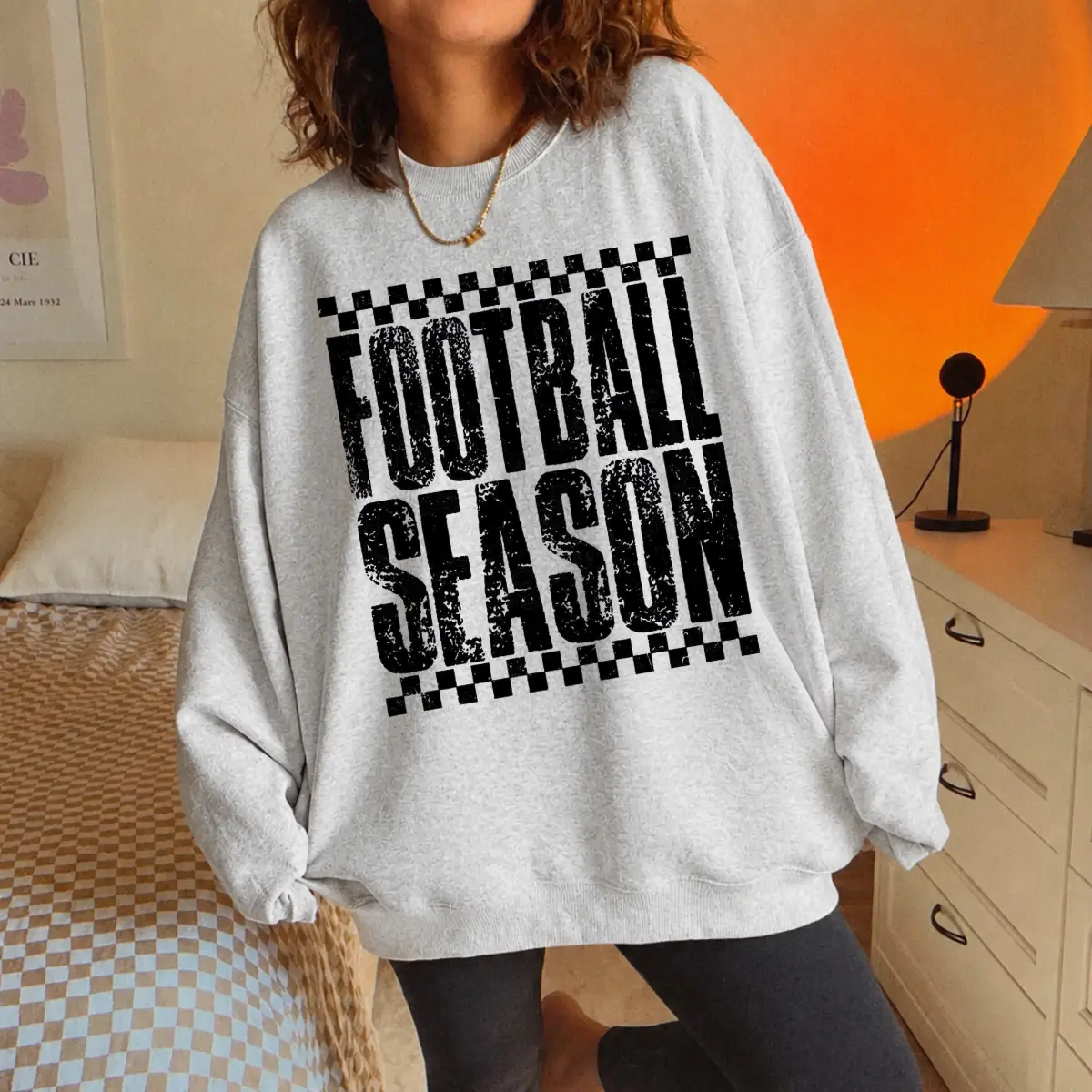 Football Season Sweatshirt, Distressed Checkered Game Day Crewneck for Women, Retro Football Mom Fall Sweatshirt, Gift for Her