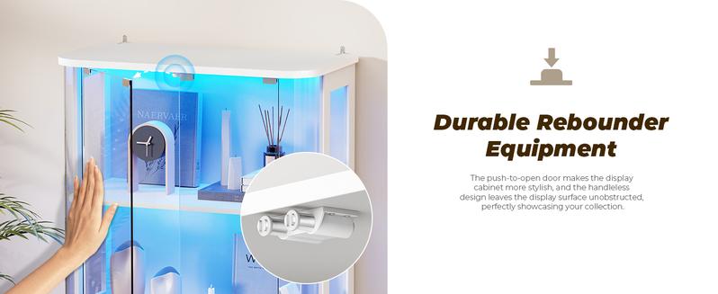 BROTTAR 65" Rounded Display Cabinet with Glass Door, 4-Tier Curio Cabinet with Transparent Full-Display Surface, Glass Display Case with 3 Color Lights for Collectibles, Human Body Sensor, White