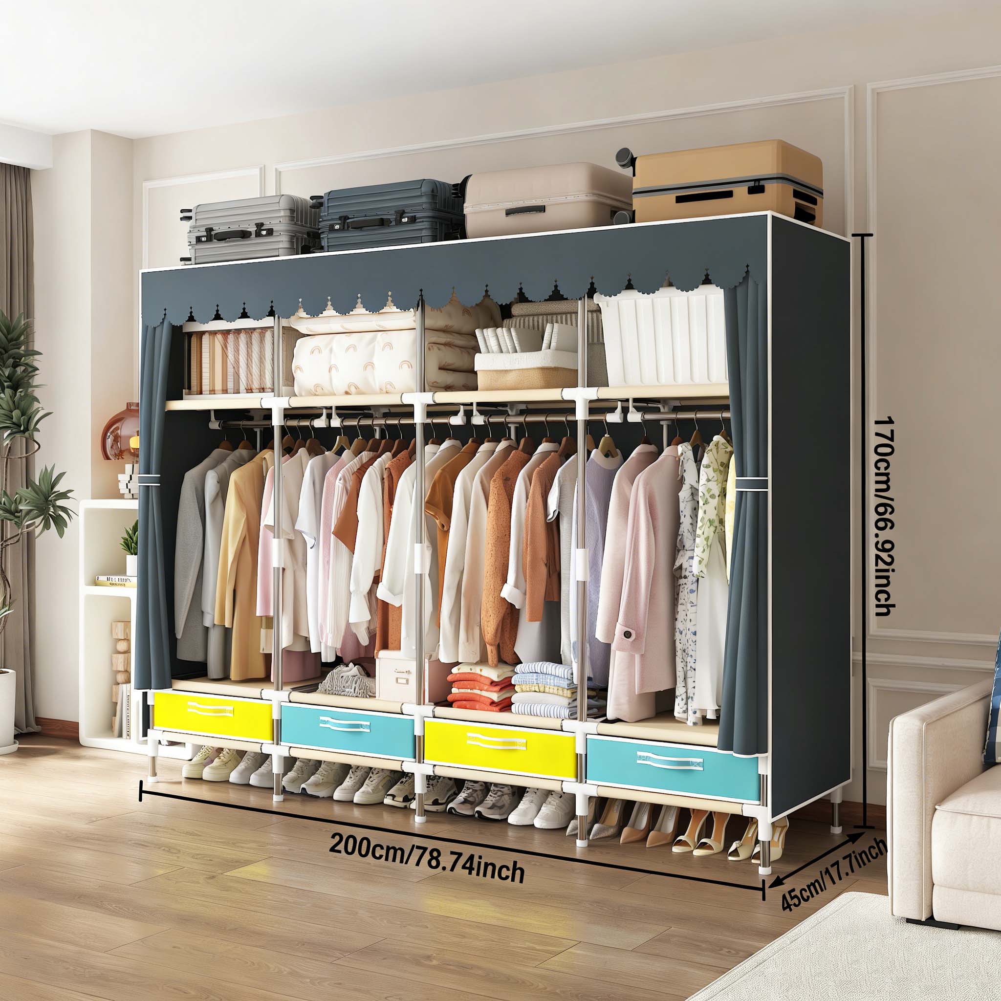 Portable Wardrobe with Drawers, Large Bedroom Suspension Storage Closet Portable Clothes Closet Wardrobe Storage Organizer ( Size:78.7* 17.7 * 66.9inch ).