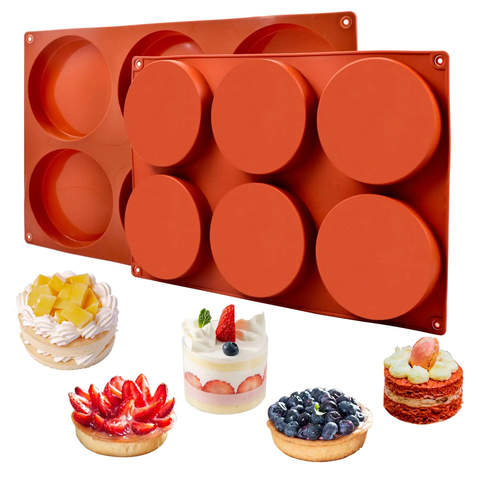 2 Pack Large Non-Stick 4" 6-Cavity Round Silicone Baking Molds – For Whoopie Pie, Corn Bread, Candy, Eggs, Muffin, Soap