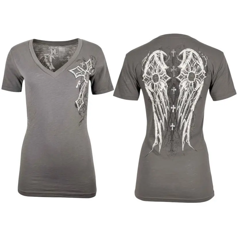 Xtreme Couture Women's Darkness Graphic T-Shirt, Charcoal, Dark Aesthetic Streetwear, 100% Cotton, Crew Neck, Lady, Round Neck, Casual, Shirts, Grunge Aesthetic, Alternative Style, Graphic Print, Pull-On Closure