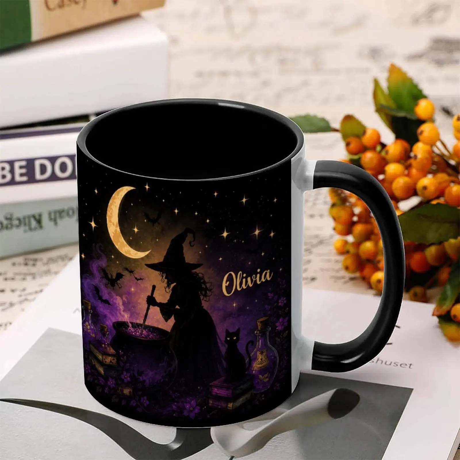 Personalized Witch Cauldron Mug, Purple Moon and Black Cat Coffee Cup, Gothic Halloween Drinkware, Custom Name Gift