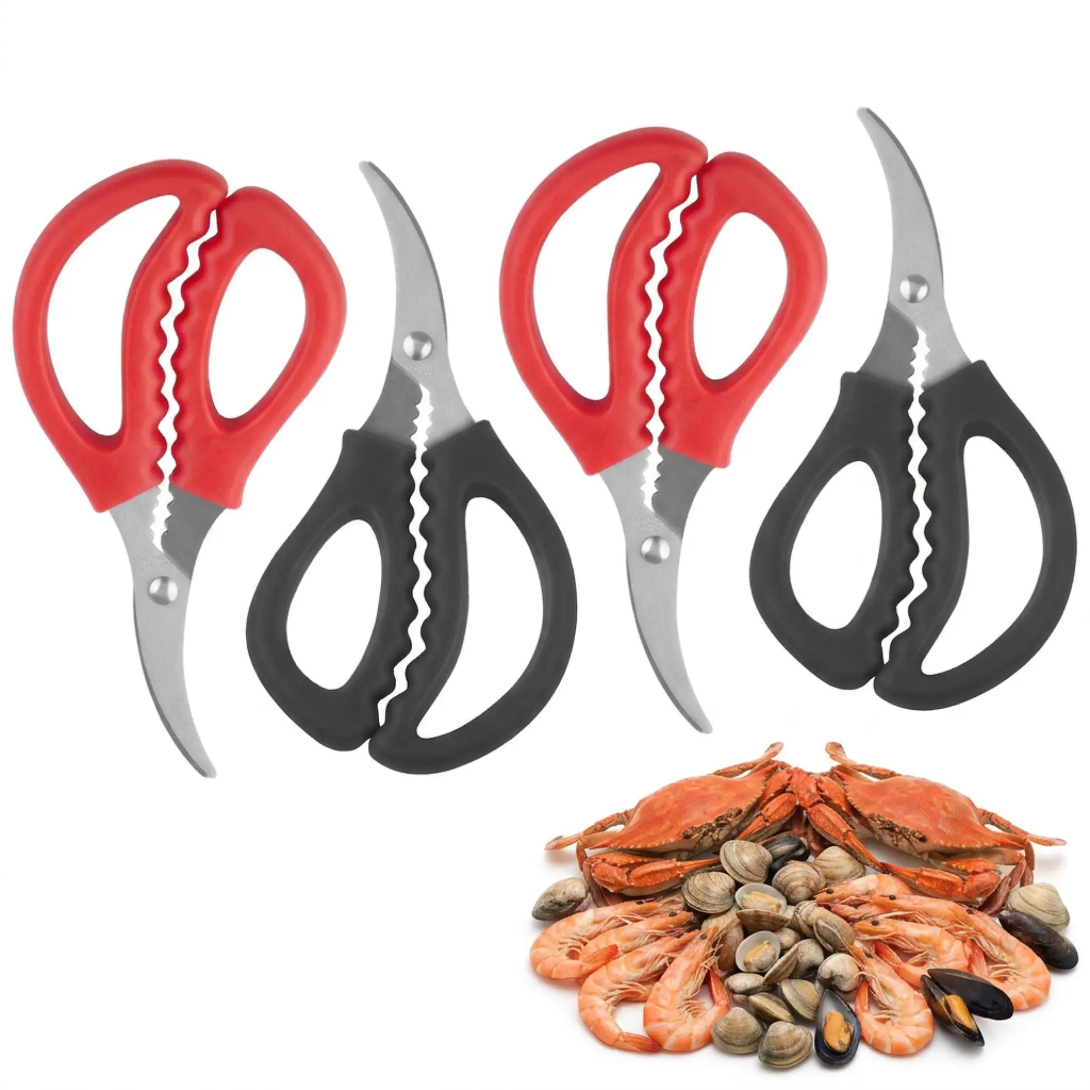 Creole Feast CS6101R Set of 4 Seafood Scissors, Heavy Duty Stainless Steel Crab Scissors & Cracker Tool, Non-Slip Seafood Shears for Shrimp Lobster Crawfish, Kitchen Scissors for Seafood Boil, Black & Red Kitchen