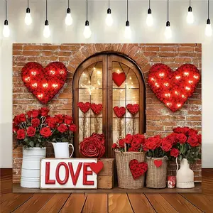 1PC,2D Flat Valentine's Day Romantic Love Rose Backdrop, Proposal Confession Wedding Party Decoration Hanging Cloth, Retro Brick Wall Window Red Rose Heart - shaped Layout Photography Background Cur