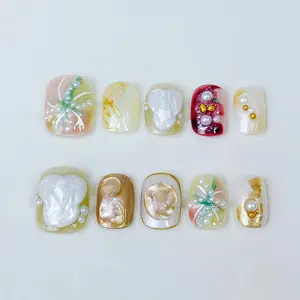 T98 Hand-Painted Mosaic Firework Pearl Decoration Detachable Reusable Fake Nail Art for Everyday Wear or Gift Short Style Presse on Nail