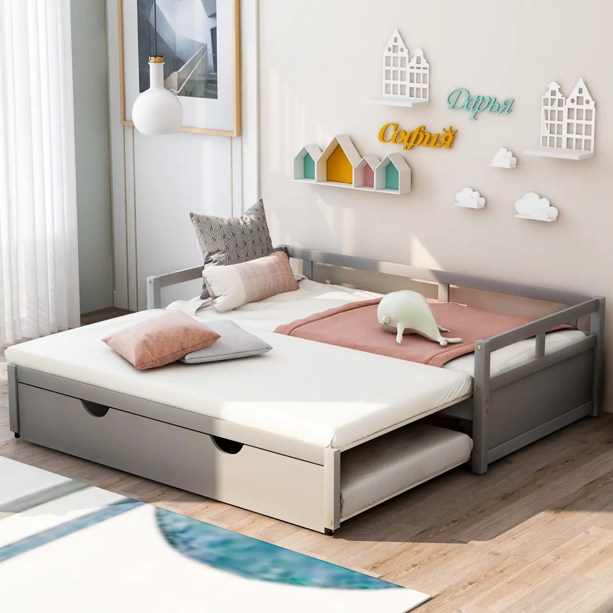 Solid Pine Durable Space-Saving Pull-Out Trundle Bed (4" Trundle) - Gray, Espresso Option, Twin/King Sizes, 78.1"l x 41.8"w x 23.2"h, Clean Silhouette, 400 lbs Weight Capacity, Assembly Required (OLD SKU: WF194887AAE)