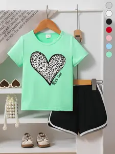 Summer Girls Casual Sporty Short Sleeve Shorts Set, Leopard Heart Print Top, Loose Fit Comfortable, 2-7 Years, Breathable and Sweat-Wicking