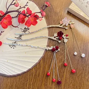 New Hair Sticks Flower Hairpin With Beads Tassel Chinese Style Hanfu Headwear Women Elegant Hair Clips Hair Jewelry Accessory