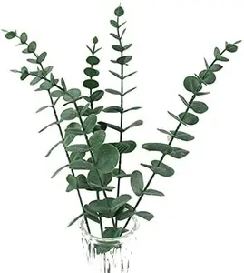 5 Pcs Real Touch Leaf Artificial Eucalyptus Stem Faux Eucalyptuses Wedding Bouquet Centerpiece Home Decor (Green)