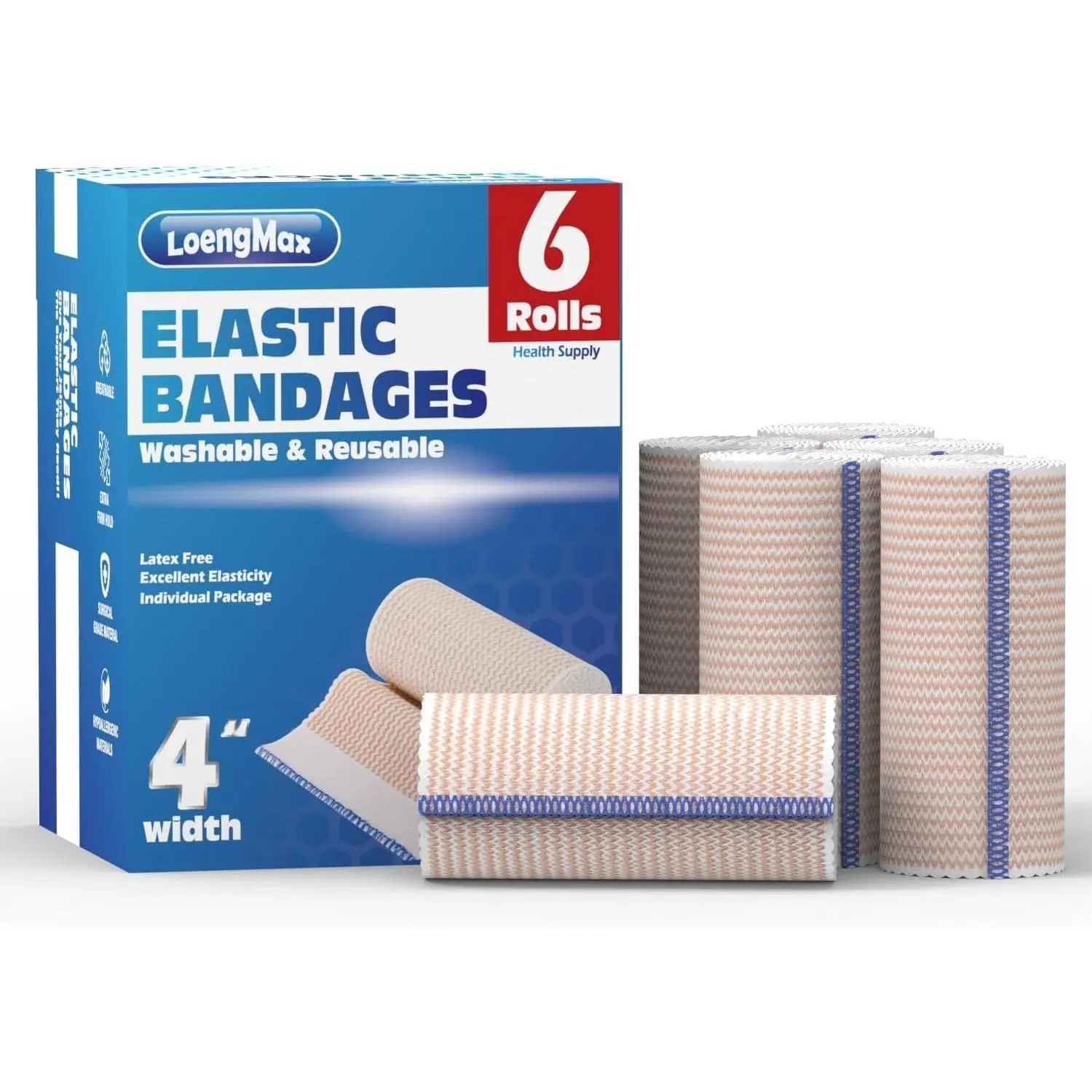 Elastic Bandage Wrap 4” Wide, 6 Pack | High-Performance Compression Bandage Wrap | Reusable | Excellent Elasticity for Legs, Ankle, Knee, Tummy, Body, Wrist | Sports & Outdoors (6 Pack)