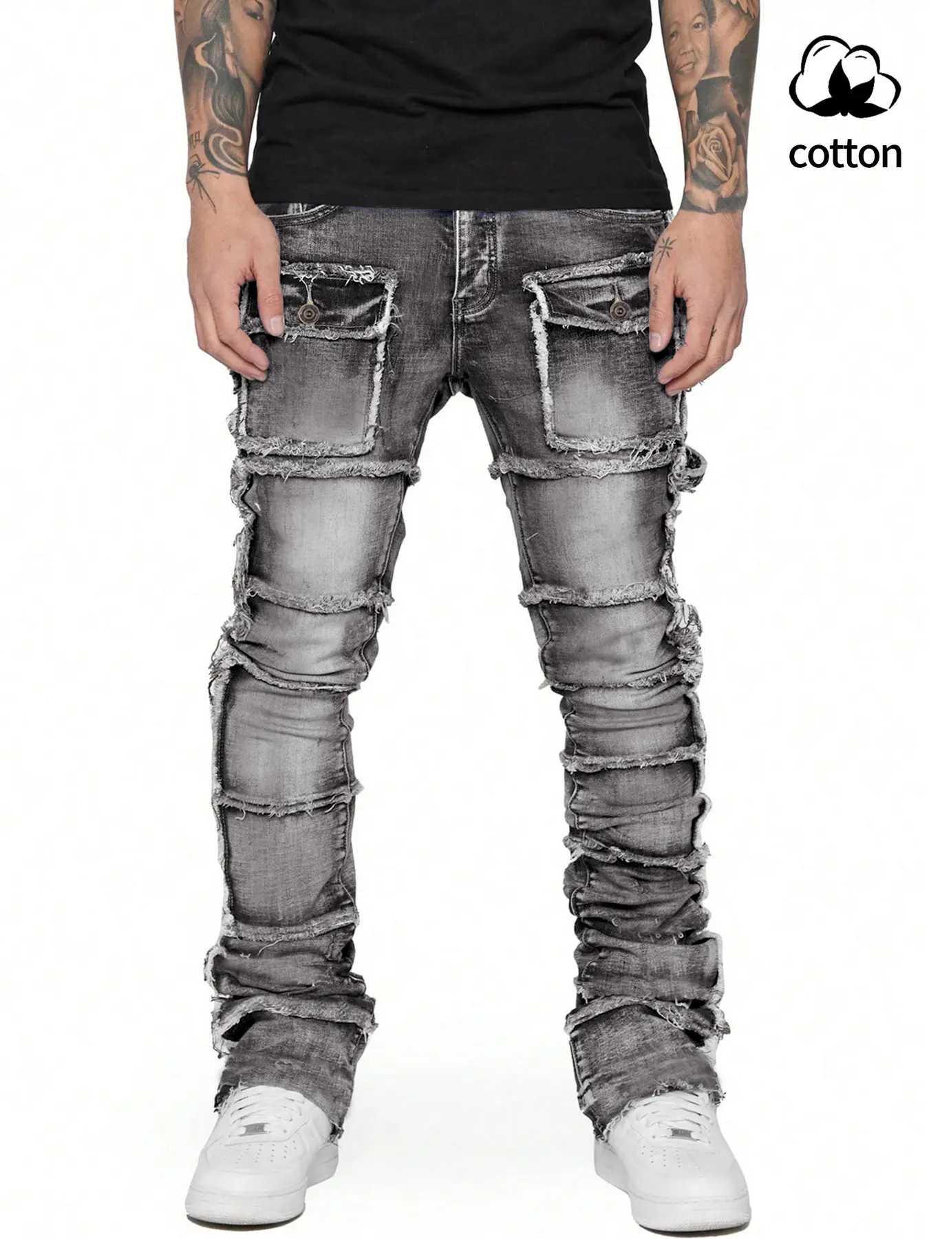 Men's Ripped Skinny Jeans, Trouser, Elastic Mid-Waist Denim, Vintage Light Blue Ombre Washed Look, Casual Streetwear for All Seasons Pants, Denim Bottoms