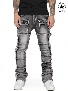 Men's Ripped Skinny Jeans, Elastic Mid-Waist Denim, Vintage Light Blue Washed Look, Casual Streetwear for All Seasons
