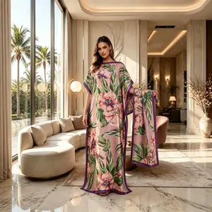 Women’s Floral Print Robe Set – Long Dress + Shawl Headscarf for Beach Sun Protection