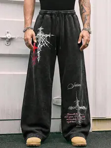 Unisex Washed Cotton Straight Leg Pants, Gothic Graphic Print, Y2K Streetwear Street Style, Casual Fashion, Elastic, Fitted, Comfortable Soft and Stylish, Perfect for Daily Wear, Casual Fashion Trousers, Casual Street Comfy
