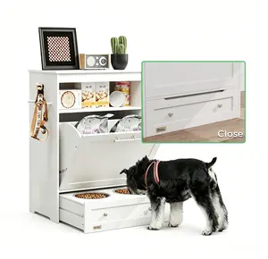 Pet Feeding Station with Storage, Elevated Dog Feeder Cabinet with 2 Stainless Steel Bowls, Dog Food Storage Container with Drawer, White Pet Food Station for Dogs & Cats