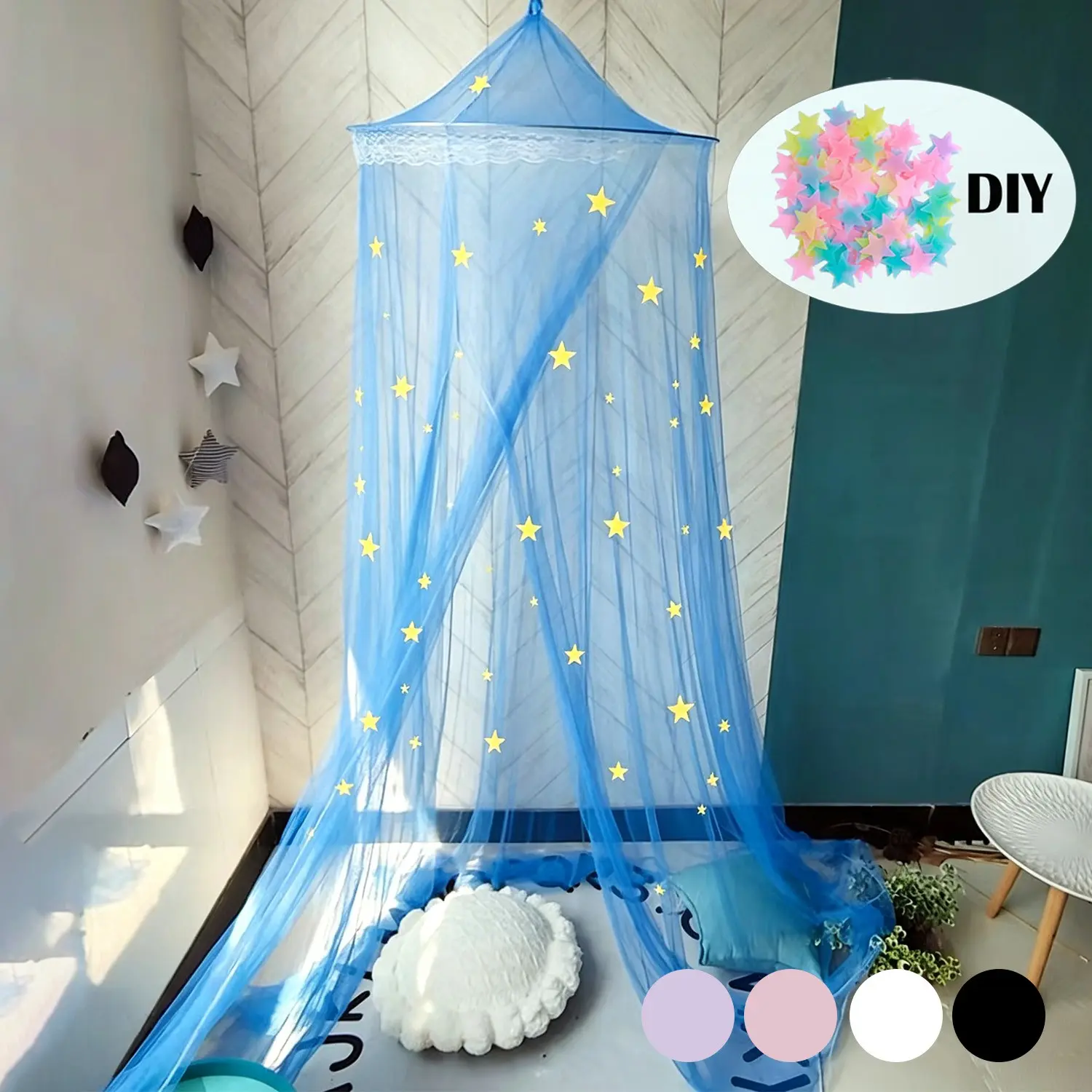 Princess Bed Tent, Round Dome Lace Mosquito Net Curtain, DIY Night Light Star Hanging Bed Tent, Hooks Included, Kids Bedroom Decor, Indoor & Outdoor Camping, Mosquito Netting Curtains, Mosquito Net for Bed