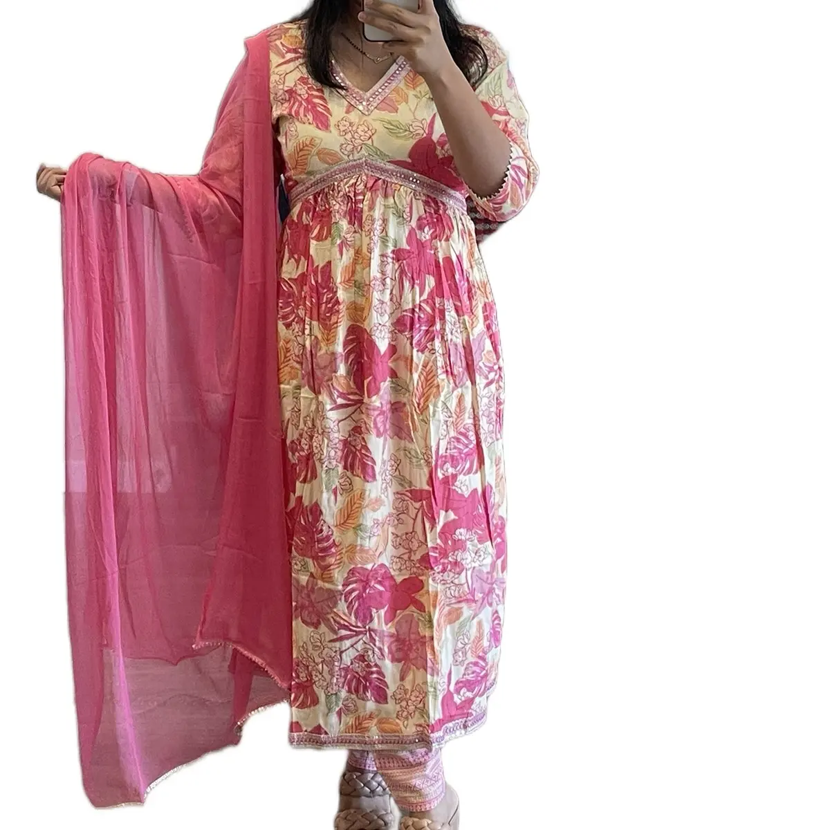 Women's Elegant Alia Cut Salwar Set in Floral Print Cotton, 3-Piece Traditional Kurta with Pant and Dupatta, Comfortable Fit, Elegance, Clothes, Style, Formal, Casual, Fabric, Matching, Overall, Breathable, Outfits