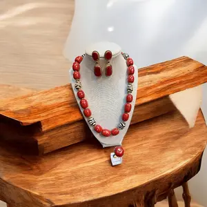 coral and dzi  necklace with coral dangle earring