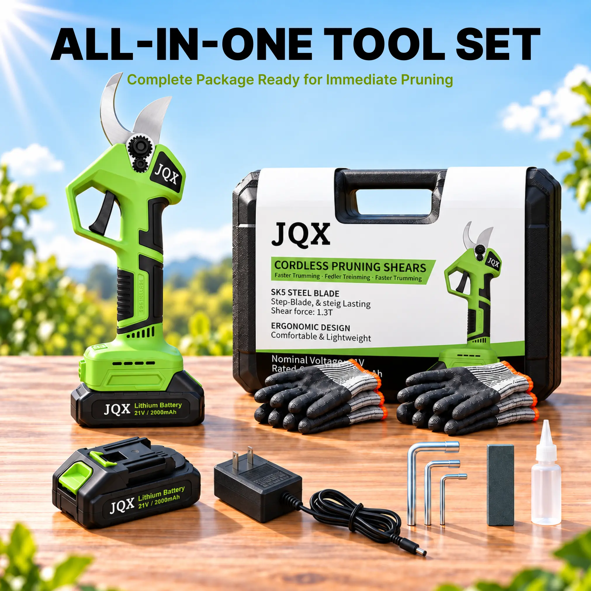 21V Cordless Electric Pruning Shears hedge clippers, Professional Brushless Tree Trimmer with LCD Display, SK5 Blades, 2 Batteries & 3 Pairs of Gloves for Garden & Orchard