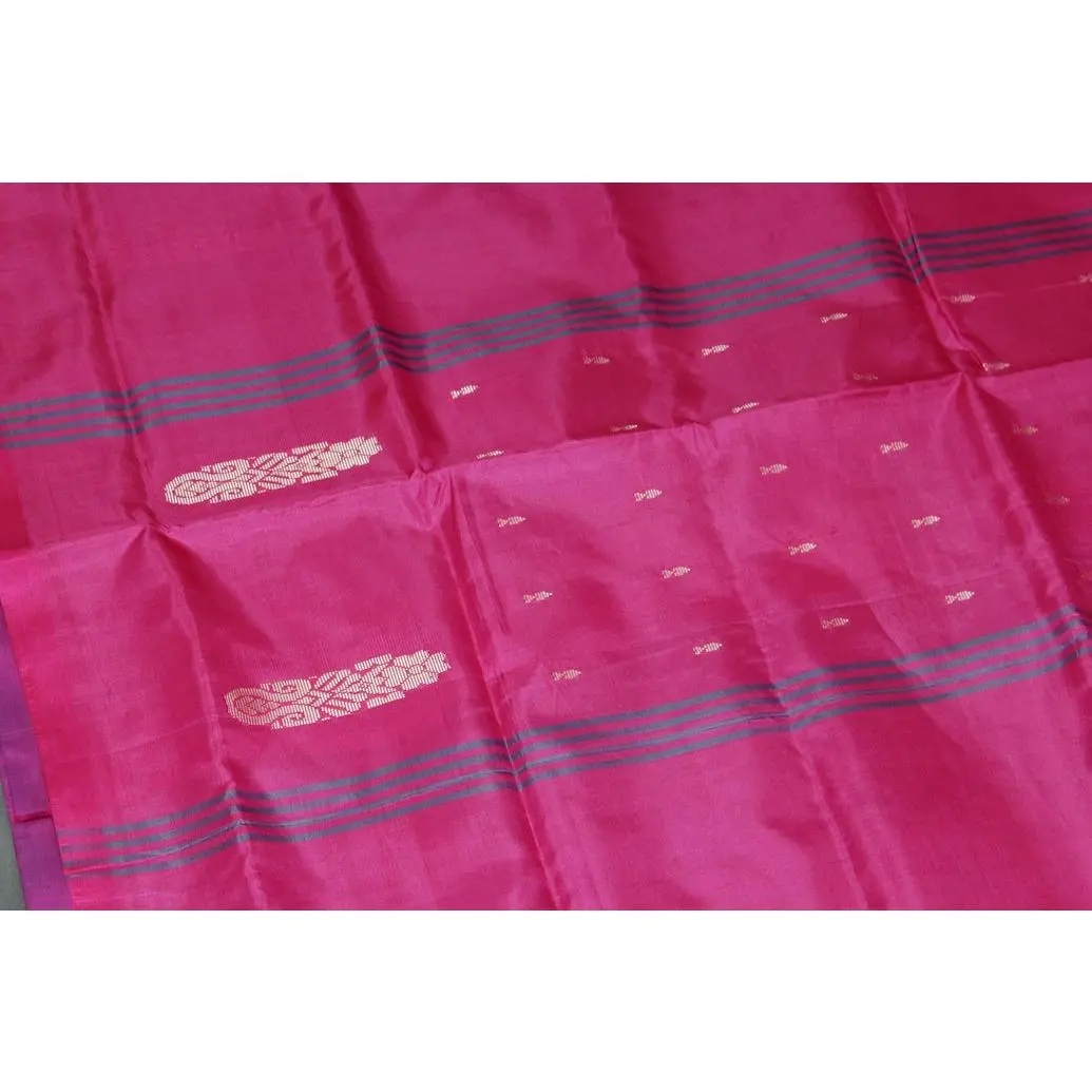 Women's Traditional Banana Pith (Vaazhai Naar) Saree, Lavender & Pink Borderless Body with Small Buttas, Rose-Accented Striped Pallu, 5.5m Tassel Ends, Dry Clean/Gentle Handwash, for Everyday & Simple Festive Wear