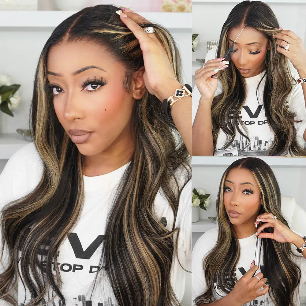 Megalook 13x6 Three-Go Balayage Highlight Glueless Wigs Body Wave With Drawstring 100% Human Hair Wig