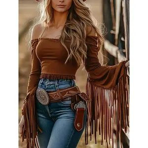 Women's Western Cowgirl  Fringe Trim Tops Sexy Off Shoulder Long Sleeve T Shirts Tassel Top
