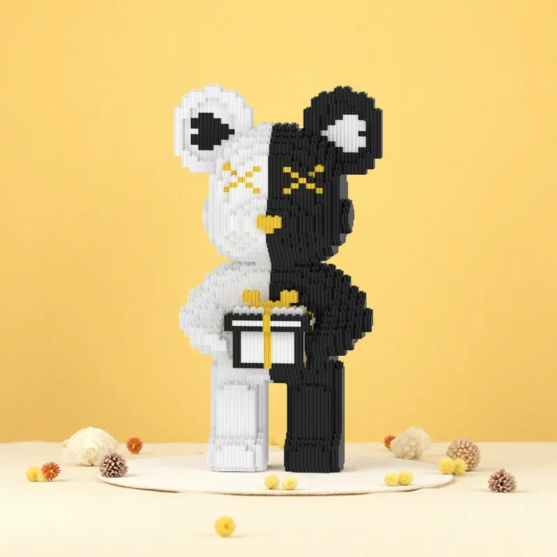 Black & White Bear Building Block Set – 14-inch Gift Bear Micro Blocks, suitable for collection and home decor, interlocking bead construction block set, DIY assembly kit, creative stacking blocks, educational learning toy for children, ideal as a birthda