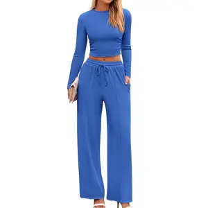 2-Piece Ribbed Knit Long Sleeve Crop Top Wide Leg Pants Matching Lounge Set Loungewear