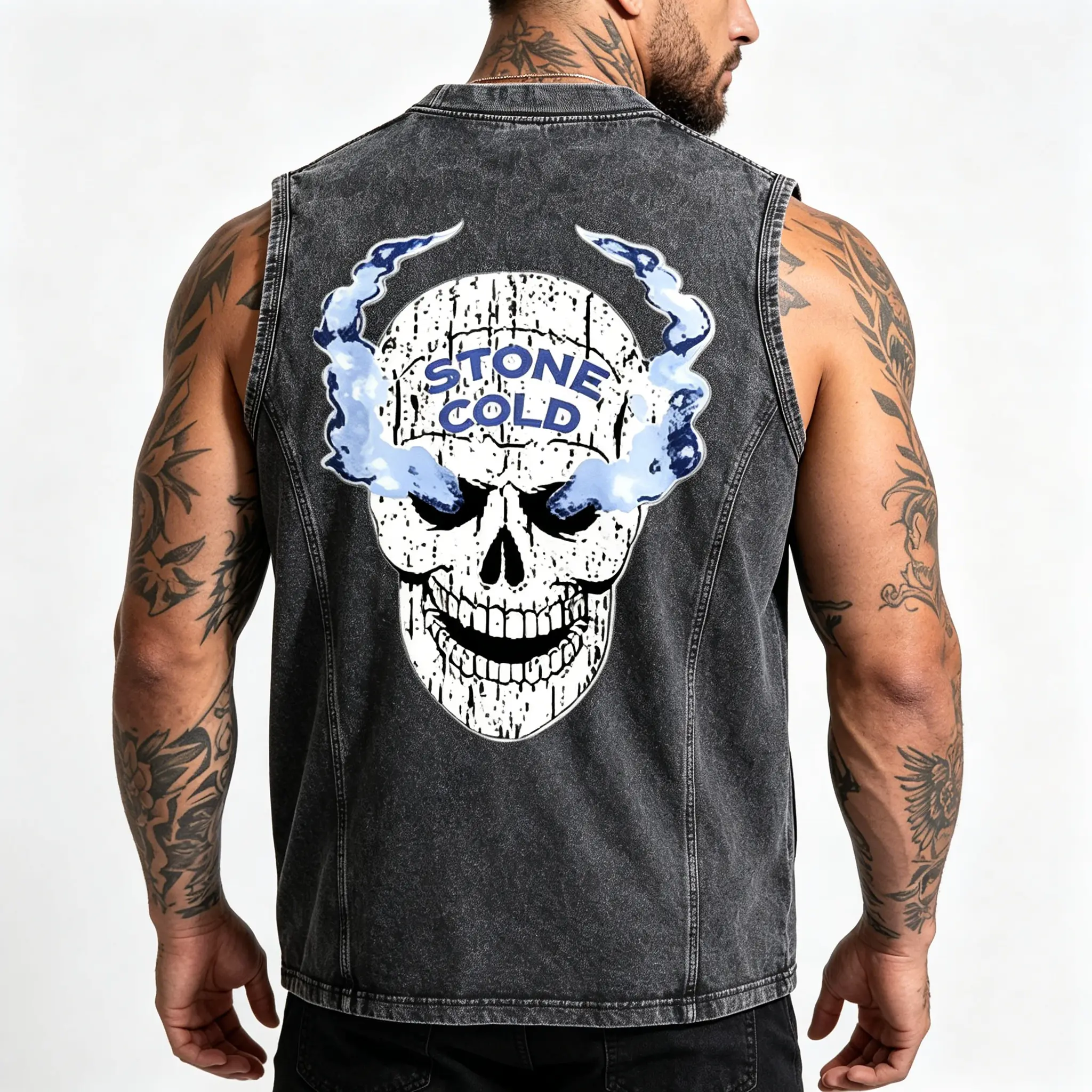 Men’s street-style sleeveless tank top/sports T-shirt with skull and flame print, high-street vibe, double front and back prints; suitable for fitness and casual wear, versatile trendy men’s top